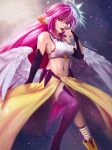  1girl angel_wings breasts bridal_gauntlets crop_top cross feathered_wings gloves halo highres jibril_(no_game_no_life) lipstick long_hair low_wings magic_circle makeup midriff mismatched_legwear multicolored_eyes navel no_game_no_life orange_eyes parted_lips pink_hair red_eyes red_lipstick shobey1kanoby sideboob solo striped striped_legwear symbol-shaped_pupils thigh-highs very_long_hair white_wings wing_ears wings yellow_eyes 
