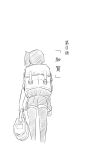  1girl backpack bag from_behind kaga_(kantai_collection) kantai_collection monochrome pleated_skirt sakimiya_(inschool) school_bag short_hair short_sleeves side_ponytail simple_background skirt solo thigh-highs translated walking white_background zettai_ryouiki 