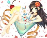  1girl anklet barefoot bikini blue_eyes breasts brown_hair cocktail_glass cup drinking_glass flower hair_flower hair_ornament jewelry long_hair looking_at_viewer original smile solo sora46 swimsuit 