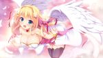  1girl :d ahoge angel_wings aqua_eyes bangs bare_shoulders bent_over black_legwear blonde_hair blurry blush bow bracelet breasts choker cleavage clenched_hand collarbone depth_of_field fall_in_love_x_4_tune feathers flower from_side full_body game_cg gem hair_flower hair_intakes hair_ornament hair_ribbon hairclip hanging_breasts happy heart jewelry karen_voluptuous kusunoki_(escude) large_breasts long_hair looking_at_viewer open_mouth ribbon sideboob smile solo sparkle star_hair_ornament strapless thigh-highs white_wings wings zettai_ryouiki 