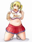  1girl bare_shoulders belly blonde_hair blush breasts cheerleader crop_top doughnut food headphones highres large_breasts looking_at_viewer midriff miniskirt mouth_hold navel nitroplus plump shigekikkusu short_hair skirt sleeveless solo super_pochaco twintails 