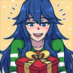  1girl :d akairiot blue_eyes blue_hair blush fire_emblem fire_emblem:_kakusei gift long_hair lowres lucina open_mouth simple_background smile snowing solo super_smash_bros. teeth yellow_background 