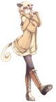  1girl animal_ears bangs black_legwear blonde_hair boots brown_boots cat_ears cat_tail cross-laced_footwear forehead_jewel nail_polish pantyhose paw_print persian personification pokemon red_eyes red_nails shikkoku_neko smile solo standing tagme tail walking white_background 