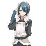  1girl blue_eyes blue_hair fire_emblem fire_emblem_if gloves hair_over_one_eye highres open_mouth setsuna_(fire_emblem_if) short_hair simple_background solo white_background zyuuyon 