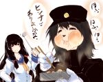  2girls =_= akitsu_maru_(kantai_collection) black_hair breasts chopsticks food gloves hair_ribbon hat isokaze_(kantai_collection) kantai_collection karakure_(kamo-nanban) large_breasts long_hair military military_uniform multiple_girls peaked_cap red_eyes remodel_(kantai_collection) ribbon school_uniform serafuku short_hair smile translated tress_ribbon uniform white_gloves 