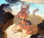 1girl animal_ears anklet bare_shoulders barefoot beach beach_umbrella bikini blue_eyes breasts cat_ears cat_tail cleavage commentary error final_fantasy final_fantasy_xiv jewelry kneeling large_breasts limsa_lominsa looking_at_viewer making_of miqo&#039;te navel norasuko sand short_hair silver_hair smile solo strap_slip swimsuit tail water 