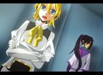  alternate_hair_color black_hair blonde_hair blue_eyes chaban_capriccio_(vocaloid) commentary_request crossed_arms gloves hair_ribbon kagamine_rin kamui_gakupo long_hair long_ponytail looking_at_viewer looking_back pov ribbon seasnow short_hair violet_eyes vocaloid waitress 