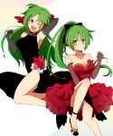  2girls arm_behind_head armpits bare_shoulders black_dress bow breasts cleavage dress elbow_gloves flower frilled_dress frills gloves green_eyes green_hair hair_bow hair_ribbon half_updo high_heels highres higurashi_no_naku_koro_ni jewelry lace_trim long_hair looking_at_viewer multiple_girls necklace nimomo one_eye_closed open_mouth ponytail red_dress ribbon rose showing_armpits siblings side_slit sisters sonozaki_mion sonozaki_shion thighs twins white_background 