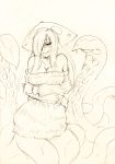  1girl blush breasts cleavage hair_over_one_eye kraken kraken_(monster_girl_encyclopedia) large_breasts long_hair looking_at_viewer monochrome monorus monster_girl monster_girl_encyclopedia scylla self_hug sketch smile solo tentacles very_long_hair 