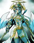  1girl angel_wings armor bangs breastplate breasts capelet cleavage cleavage_cutout cowboy_shot dual_wielding elia_(p&amp;d) faulds gauntlets groin hair_between_eyes halo helmet high_contrast highleg highleg_leotard highres holding holding_weapon ishiyumi leotard looking_at_viewer polearm puzzle_&amp;_dragons serious short_hair_with_long_locks showgirl_skirt sidelocks silver_hair skirt solo spear standing thigh-highs violet_eyes weapon white_wings winged_helmet wings 