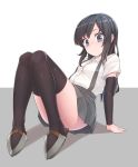  1girl arm_support arm_warmers asashio_(kantai_collection) black_hair black_legwear blue_eyes blush convenient_leg kantai_collection konnyaku_(kk-monmon) long_hair looking_at_viewer pleated_skirt school_uniform shirt simple_background sitting skirt solo suspenders thigh-highs 