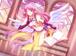  1girl angel_wings blush breasts bridal_gauntlets crop_top cross feathered_wings fuchsia91 gloves gradient_eyes gradient_hair halo jibril_(no_game_no_life) long_hair low_wings magic_circle midriff mismatched_legwear multicolored_eyes multicolored_hair navel no_game_no_life one_eye_closed orange_eyes pink_hair red_eyes sideboob single_shoe smile solo striped striped_legwear symbol-shaped_pupils tattoo thigh-highs very_long_hair white_wings wing_ears wings yellow_eyes 