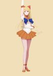  1girl ayase_eli bishoujo_senshi_sailor_moon blonde_hair blue_eyes bon_nob bow choker cosplay elbow_gloves gloves long_hair looking_at_viewer love_live!_school_idol_project magical_girl red_bow sailor_senshi sailor_venus sailor_venus_(cosplay) skirt smile solo 