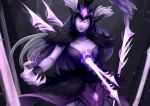  1girl breasts claws cleavage dress glowing headgear impaled kalista large_breasts league_of_legends ling_(vivianling) long_hair pink_eyes purple_dress silver_hair solo very_long_hair 