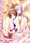  2girls back-to-back bare_legs barefoot biwa_lute brown_eyes brown_hair commentary_request den_taku dress floral_background flower grin hair_flower hair_ornament hairband instrument koto_(instrument) lavender_hair leaning_on_person long_hair long_sleeves lute_(instrument) multicolored_background multiple_girls one_eye_closed parted_lips ponytail short_hair siblings sisters skirt_hold smile touhou tsukumo_benben tsukumo_yatsuhashi violet_eyes 