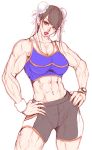  1girl abs bike_shorts breasts brown_hair bun_cover chun-li cowboy_shot double_bun eyelashes hands_on_hips large_breasts lipstick makeup midriff muscle muscular_female navel puckered_lips short_hair solo sports_bra street_fighter sweat tabe_koji thick_thighs thighs watch watch 