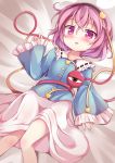  1girl :o baku_ph bed_sheet blush hairband heart komeiji_satori long_sleeves looking_at_viewer lying on_back pink_hair short_hair skirt sleeves_past_wrists solo third_eye touhou violet_eyes 