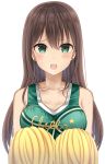  1girl absurdres blush breasts brown_hair cheerleader earrings green_eyes highres idolmaster idolmaster_cinderella_girls jewelry long_hair mizukoshi_(marumi) open_mouth pom_poms shibuya_rin sweat teeth 