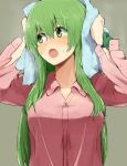  1girl alternate_costume blush green_eyes green_hair kochiya_sanae long_hair long_sleeves looking_away open_mouth shirt solo tebukuro_withana touhou towel upper_body wet wet_hair 