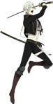  1boy black_gloves boots eyes_visible_through_hair fangs gloves green_hair hair_over_one_eye hizamaru_(touken_ranbu) katana male_focus official_art open_mouth red_eyes sheath shirano sword touken_ranbu weapon 