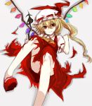  1girl blonde_hair flandre_scarlet hat highres kou_mashiro long_hair looking_at_viewer side_ponytail simple_background smile solo torn_clothes touhou white_background wings 