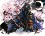  1boy black_gloves black_hair blue_eyes branch cherry_blossoms chromatic_aberration crescent_moon gloves japanese_clothes mikazuki_munechika moon object_namesake otsukaresanpo sayagata smile touken_ranbu 