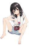  1girl absurdres barefoot black_hair brown_eyes card handheld_game_console headphones headphones_around_neck highres kstaisa long_hair nintendo nintendo_3ds original shorts solo 