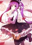  1girl black_legwear flower frilled_skirt frills from_side garter_straps glasses hair_flower hair_ornament hair_ribbon hat long_hair long_sleeves looking_at_viewer original purple_hair ribbon rizky_(strated) shoes skirt solo thigh-highs twintails violet_eyes zettai_ryouiki 