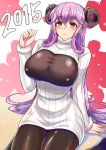  1girl 2015 blush breasts center_opening commentary_request horns kumakichi_(cost-lost) large_breasts long_hair original pantyhose red_eyes ribbed_sweater sheep_girl sheep_horns sitting smile solo sweater turtleneck violet_eyes 