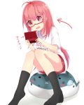  1girl ahoge antenna_hair blush clothes_writing directional_arrow glasses handheld_game_console highres kou_mashiro long_hair nintendo_ds pink_eyes pink_hair playing red-framed_glasses semi-rimless_glasses shirt short_sleeves simple_background sitting solo under-rim_glasses whale_pillow white_background white_shirt 