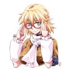  1girl arm_warmers bespectacled blonde_hair breasts glasses green_eyes large_breasts looking_at_viewer mizuhashi_parsee ootsuki_wataru pointy_ears red-framed_glasses scarf shirt short_sleeves solo touhou transparent_background upper_body 