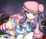  1girl blush book book_stack crescent_hair_ornament hair_ornament hair_ribbon hat ichihaya lying mob_cap on_side patchouli_knowledge purple_hair ribbon solo striped striped_legwear thigh-highs touhou vertical_stripes violet_eyes 