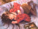  1girl absurdres black_hair black_legwear blanket camisole cardigan cherry_blossoms closed_eyes feet food goto_p hanami hands highres lace long_hair long_sleeves lying no_shoes obentou original outdoors pantyhose petals shoes_removed skirt sleeping smile solo 