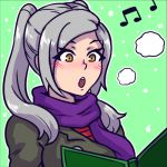  1girl akairiot fire_emblem fire_emblem:_kakusei green_background grey_hair long_hair lowres musical_note my_unit_(fire_emblem:_kakusei) purple_scarf scarf simple_background singing snowing solo super_smash_bros. twintails yellow_eyes 