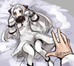  1girl ahoge barefoot commentary_request dress highres horns kantai_collection long_hair looking_at_viewer minutachi mittens northern_ocean_hime open_mouth pale_skin red_eyes shinkaisei-kan sleeveless sleeveless_dress solo twitter_username white_dress white_hair white_skin 