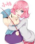  1girl ;d character_name doll_hug highres kofuku kou_mashiro noragami one_eye_closed open_mouth pink_hair short_hair simple_background smile white_background 