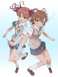  2girls armband biribiri brown_eyes brown_hair electricity highres long_hair misaka_mikoto multiple_girls nail puma_(hyuma1219) school_uniform shirai_kuroko short_hair sweater_vest to_aru_kagaku_no_railgun to_aru_majutsu_no_index 