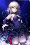  1girl blonde_hair breasts dark_excalibur dark_persona detached_sleeves dress fate/grand_order fate/stay_night fate_(series) hisahisahisahisa saber saber_alter solo thigh-highs yellow_eyes 