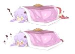  2girls blush bowl chibi crawling food fruit hair_ornament kotatsu kotonoha_akane long_hair mandarin_orange multiple_girls open_mouth petenshi_(dr._vermilion) purple_hair sexually_suggestive sleeping smile sneaking table thigh-highs trembling twintails upper_body vocaloid voiceroid yuzuki_yukari 