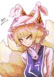  1girl animal_ears blonde_hair commentary_request dated dress fox_girl fox_tail hakuro109 hat highres kitsune monster_girl multiple_tails short_hair smile solo tabard tail touhou yakumo_ran yellow_eyes 