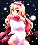  1girl alternate_costume casual contemporary hairband long_hair looking_at_viewer pleated_skirt scarf sitting skirt smile snowing solo sweater thigh-highs touhou white_legwear yakumo_yukari yube_(skyhacker) zettai_ryouiki 