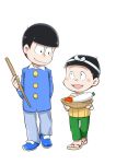  2boys arm_behind_back atarou_(mouretsu_atarou) basket black_hair child daikon freckles hachimaki haramaki headband height_difference male_focus matsuno_osomatsu mouretsu_atarou multiple_boys osomatsu-kun rocomasu sandals simple_background smile stick tomato walking white_background 