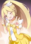  1girl blonde_hair bow chikuwa. choker cure_peace double_v kise_yayoi long_hair magical_girl one_eye_closed open_mouth precure skirt smile smile_precure! solo v wrist_cuffs yellow_bow yellow_eyes yellow_skirt 
