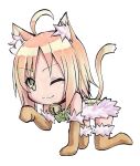  &gt;;3 1girl ;3 absurdres ahoge all_fours animal_ears bandeau bell bell_collar blonde_hair brown_gloves brown_legwear cat_ears cat_tail chibi collar cototiworld elbow_gloves fur-trimmed_gloves fur-trimmed_legwear fur_trim gloves green_eyes highres looking_at_viewer marker_(medium) paw_pose short_hair simple_background solo spica_(yumekui_merry) tail thigh-highs traditional_media white_background yumekui_merry 