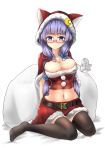  :&lt; akaikonomi animal_hood bangs belt bespectacled black_legwear blue_ribbon blunt_bangs breasts cat_hood christmas cleavage collarbone crescent eyebrows eyebrows_visible_through_hair fur_trim glasses hair_ornament hair_ribbon highres hood large_breasts looking_at_viewer midriff navel patchouli_knowledge pom_poms red-framed_glasses red_ribbon red_skirt ribbon sack santa_costume semi-rimless_glasses short_sleeves simple_background sitting skirt stomach thigh-highs touhou under-rim_glasses violet_eyes wariza white_background zettai_ryouiki 