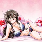  1girl ashigara_(kantai_collection) bed bra breasts brown_eyes brown_hair c: cleavage commentary_request fang_out hairband highres kantai_collection long_hair looking_at_viewer lying panties smile solo tk8d32 underwear underwear_only yes-no_pillow 