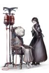  2girls adella_the_nun barefoot black_hair bloodborne boots bound capelet dress gloves hands_together high_heel_boots high_heels hospital_gown intravenous_drip long_hair multiple_girls murai_shinobu sack saint_adeline simple_background smile spoilers the_old_hunters tied_up 