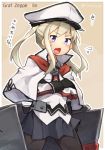  1girl black_legwear blonde_hair blue_eyes capelet commentary_request gloves graf_zeppelin_(kantai_collection) hat kantai_collection long_hair miniskirt necktie pantyhose peaked_cap rimukoro sidelocks skirt solo translation_request twintails uniform younger 