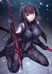  1girl bodysuit breasts fate/grand_order fate_(series) gae_bolg highres holding_weapon large_breasts long_hair looking_at_viewer open_mouth polearm purple_hair red_eyes scathach_(fate/grand_order) snow solo spear very_long_hair weapon yoshida_takuma 