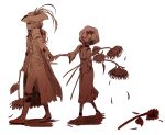  1girl bandages bloodborne boots bruise cape collar enlarged_head_patient flower gloves hat holding holding_flower holding_hands hospital_gown injury lady_maria_of_the_astral_clocktower monochrome murai_shinobu ponytail sack simple_background spoilers sunflower sword the_old_hunters torn_clothes tricorne unamused weapon 
